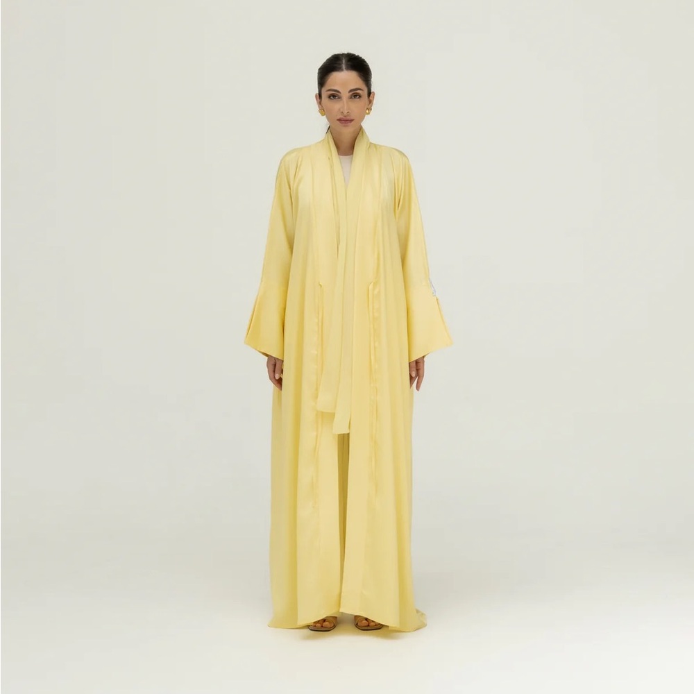 feeya butter yellow tie front open abaya